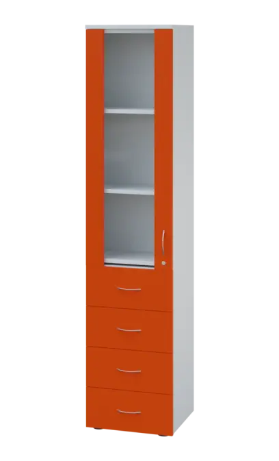 LE - 44 skříň léková prosklená, levá, korpus bílý, dvířka mandarinka